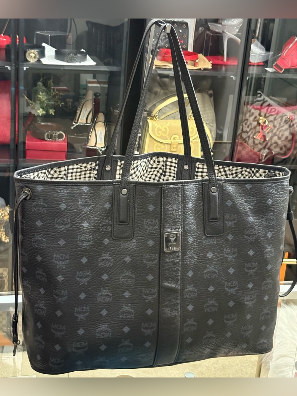 MCM Black Reversible Monogram Canvas Tote – Large Liz Shopper